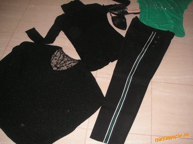 Nohavice ORSAY,, tričko Amisu, , úplet top čierny,  nové šlapky JUSTFAB, kuk ostatné aukcie