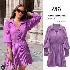 nádherné fialkové šaty s gumičkovým žabkovaním a plisovanou suknou Zara