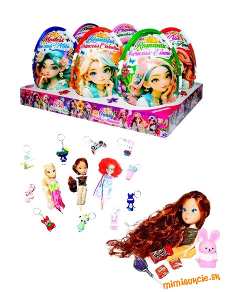 VELKA NOC***(1 vajce 2,40 €) XXXL Princezné, plastové vajce, bábika–hračka a cukrovinka 25g/6ks