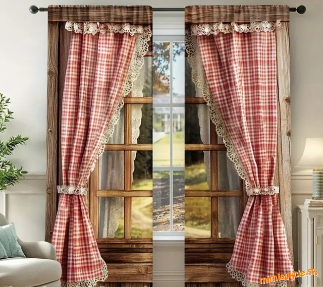 2 kusy ozdobných závesov  do vintage kuchyne či na chalupu