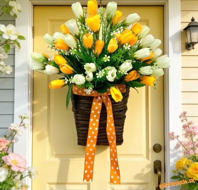 Jarný  zavestný košik s tulipanmi na dvere