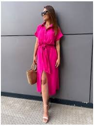 krásne sýte ružové košeľové šaty s všitým opaskom Unika