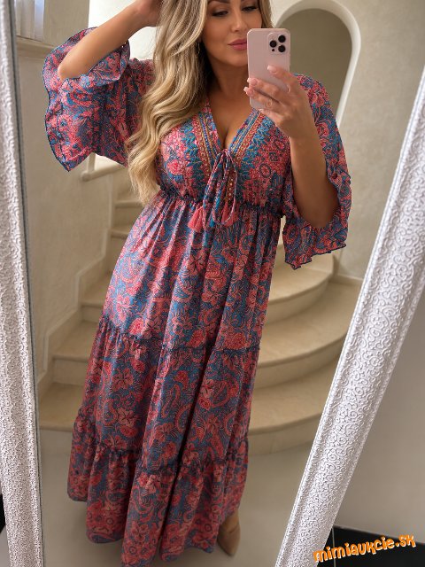 Indické maxi šaty Art Silk – Pink Blue Paisley