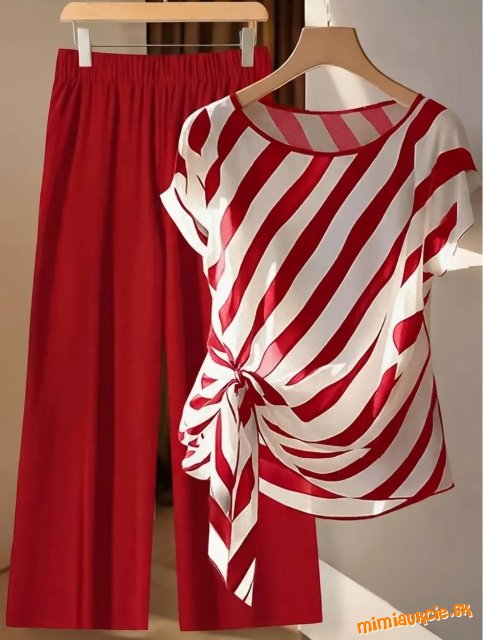 Krásny módny damsky komplet,široke červené nohavice  +  bieločerveny top ***  XL ***